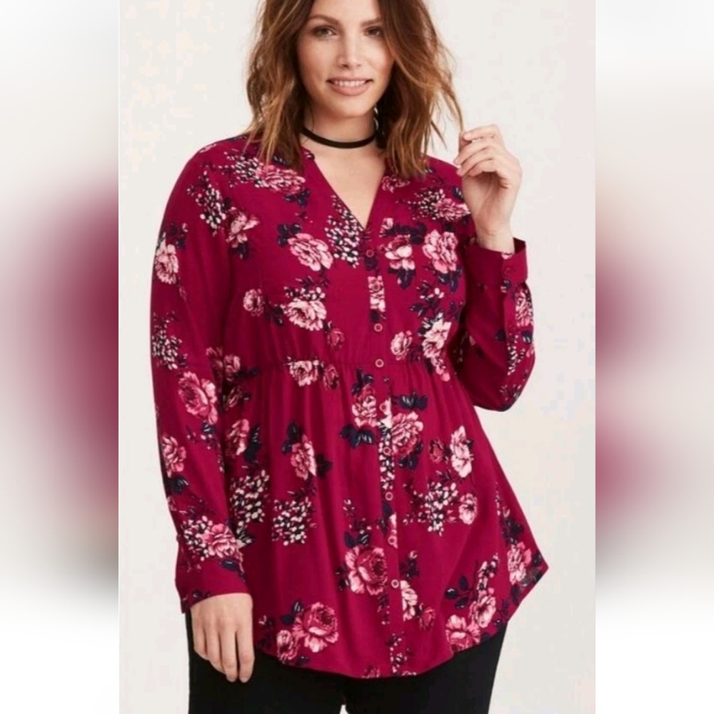 Torrid Red Floral Long Sleeve Blouse